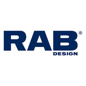 dark blue bold letters spelling RAB and the word design below in smaller letters to the right